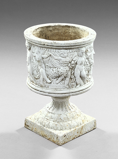 Appraisal: Semi-Antique White-Painted Cast-Stone Garden Urn-on-Cast-Iron-Stand each urn of cylindrical form