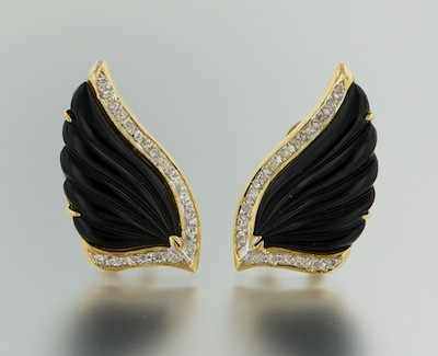 Appraisal: A Pair of Carved Onyx and Diamond Earrings k yellow