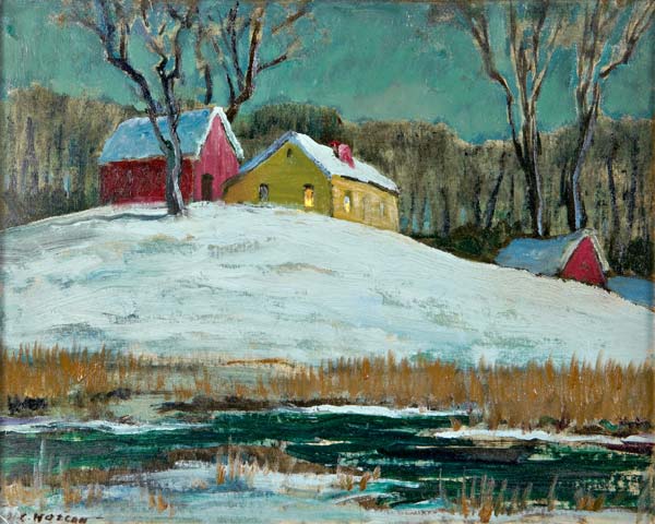 Appraisal: Harold Wolcott American - Barns in Snow Oil on canvasboard