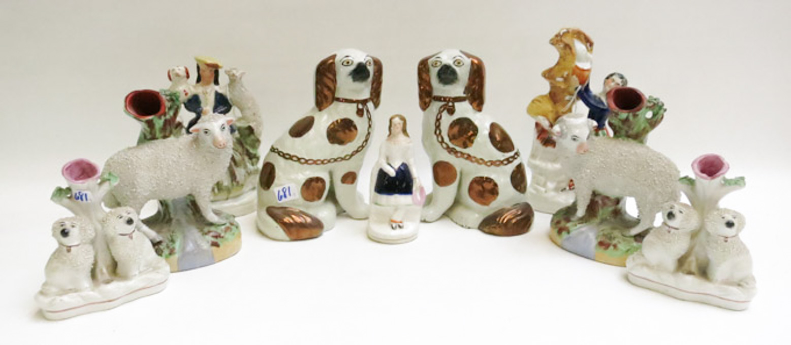 Appraisal: COLLECTION STAFFORDSHIRE FIGURINES AND VASES pair spaniels with copper lustre