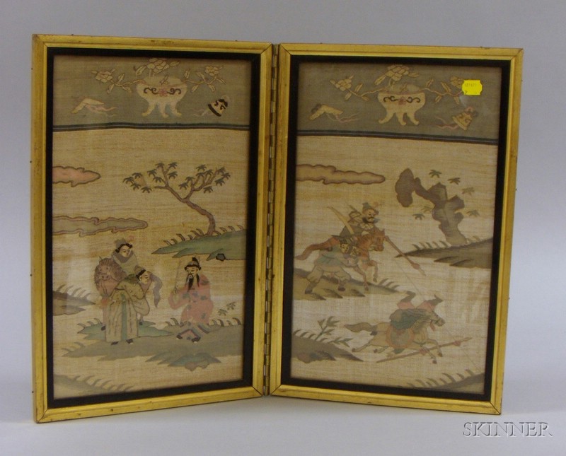 Appraisal: Asian Two-panel Folding Screen in silk threads depicting warriors on