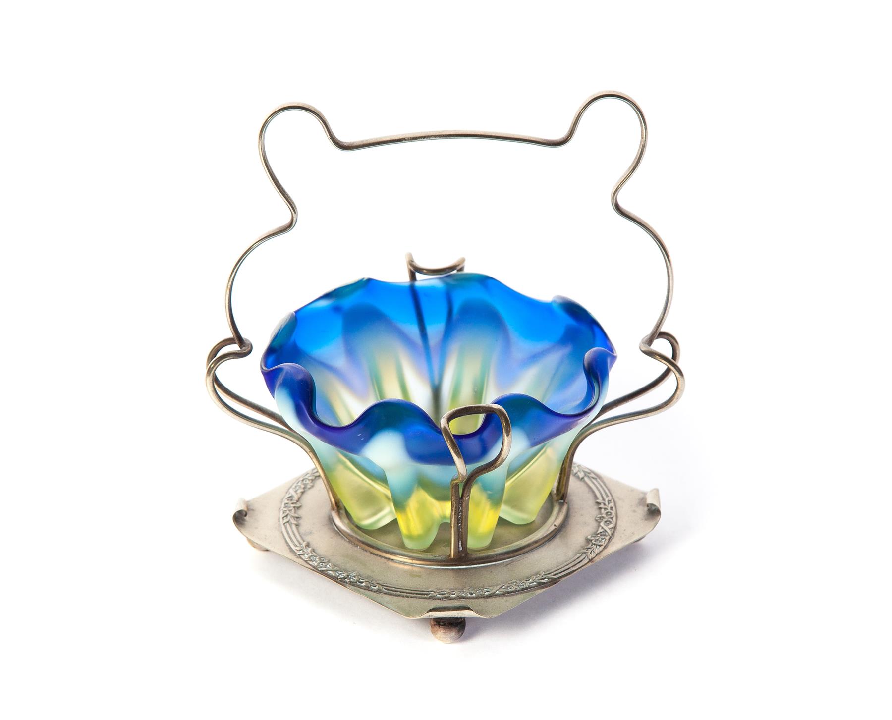 Appraisal: BLUE AND VASELINE OPALESCENT MARMALADE DISH IN SILVER PLATE FRAME