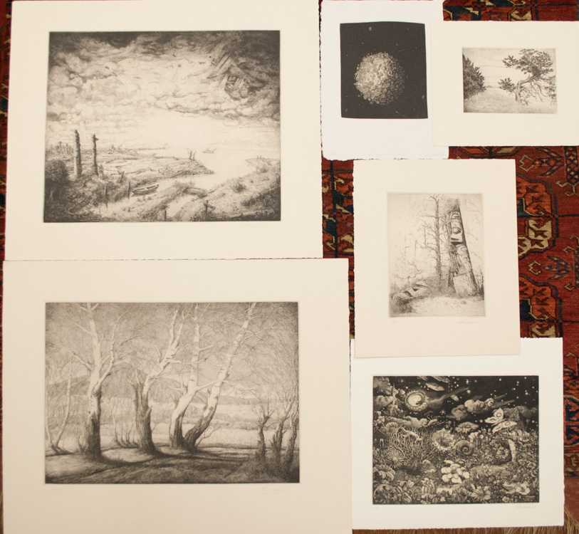 Appraisal: THOMAS WOOD SIX ETCHINGS Washington born Landscapes and fantasy scenes