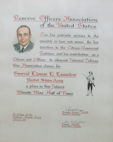 Appraisal: Certificate naming General Lyman L Lemnitzer to the Minute Man