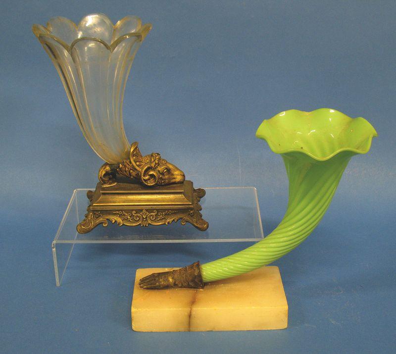 Appraisal: A REGENCY GLASS CORNUCOPIA with cut sides on a gilt