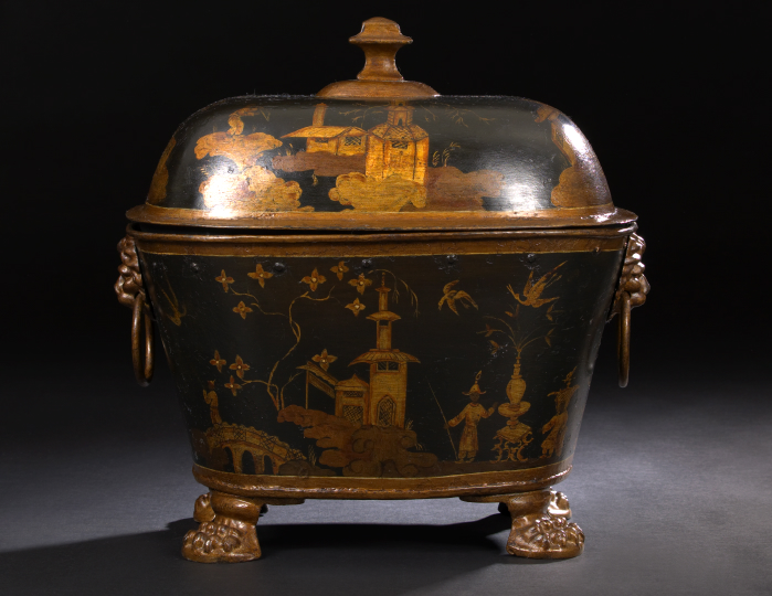 Appraisal: Rare Pontypool Parcel-Gilt Black Tole-Peinte Cellarette first quarter th century