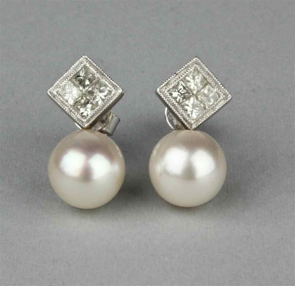 Appraisal: PAIR OF LADY'S PEARL AND DIAMOND EAR STUDS the elegant