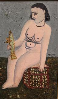 Appraisal: FULLER Justine Oil on Board Nude with Fish Signed and