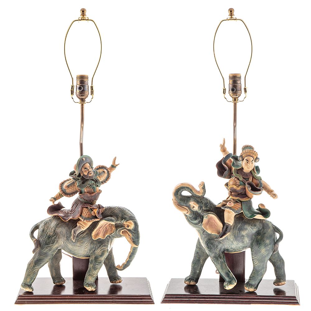 Appraisal: Pair of Chinese Terracotta Roof Tile Lamps Each modeled as