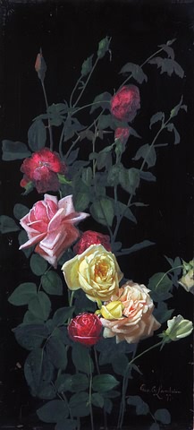 Appraisal: Still life of pink red and yellow roses oil on