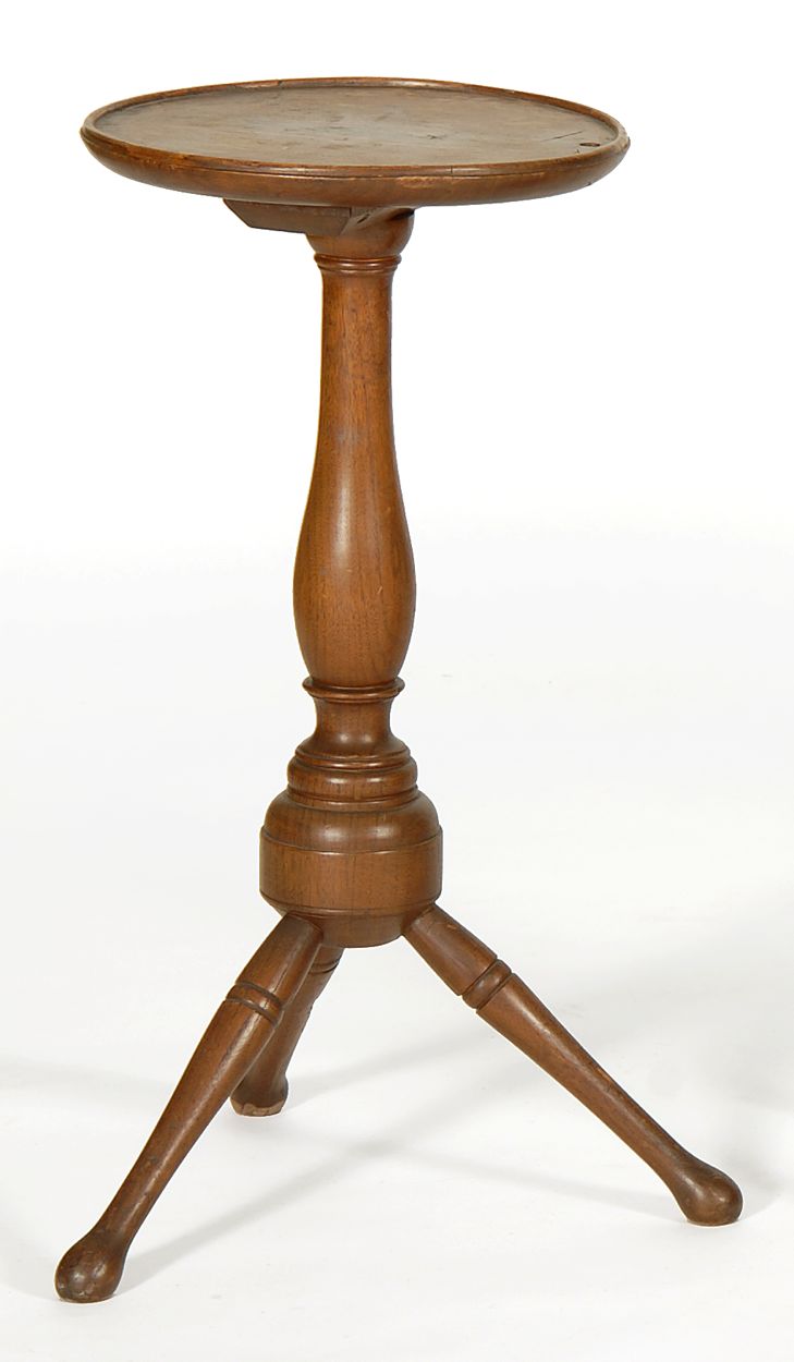 Appraisal: EARLY-STYLE CANDLESTAND In walnut with circular dish top Height Diameter