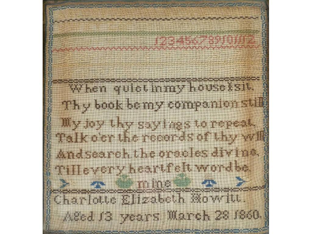 Appraisal: MID VICTORIAN SAMPLER with alphabet and poetical text by 'Charlotte