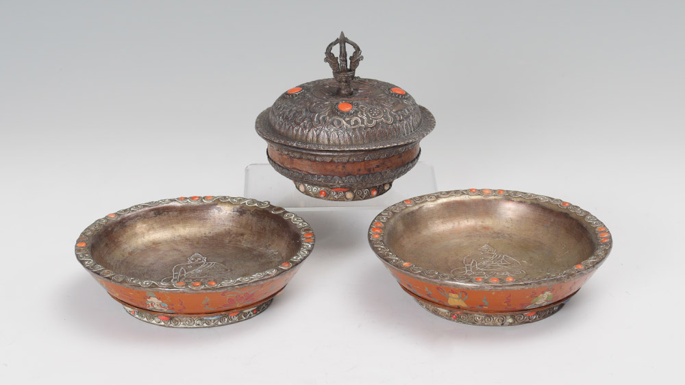 Appraisal: PIECE TIBETAN CEREMONIAL MOUNTED BOWLS pieces total each with mixed