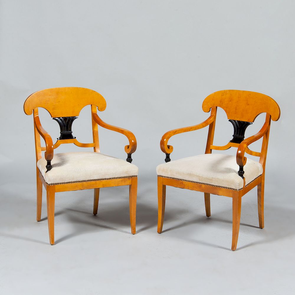 Appraisal: Pair of Biedermeier Style Birch and Ebonized Armchairs x x