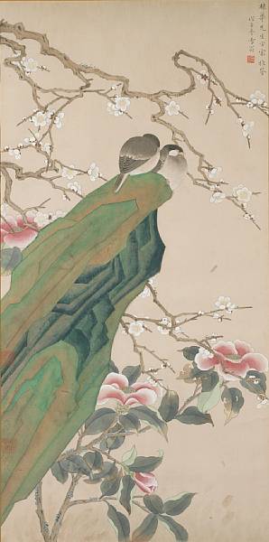 Appraisal: Chen Zhifo - Camellia Sparrows and Plum Winter Ink and