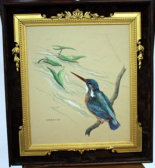 Appraisal: R M MATHER Kingfisher on his perch watercolour in a