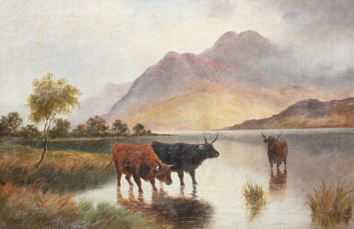 Appraisal: HIGHLAND CATTLE IN A LANDSCAPE OIL Canvas '' x ''