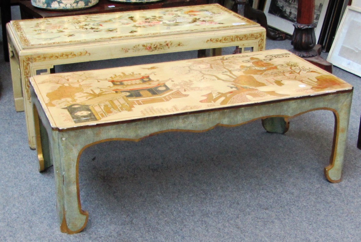 Appraisal: A th century cream lacquer rectangular coffee table on block