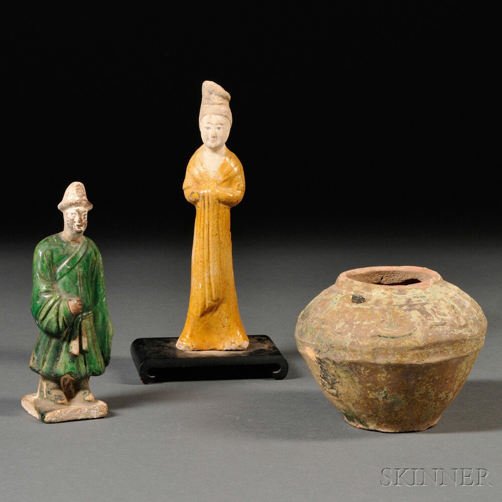 Appraisal: Three Funerary Clay Items China a figurine of a woman