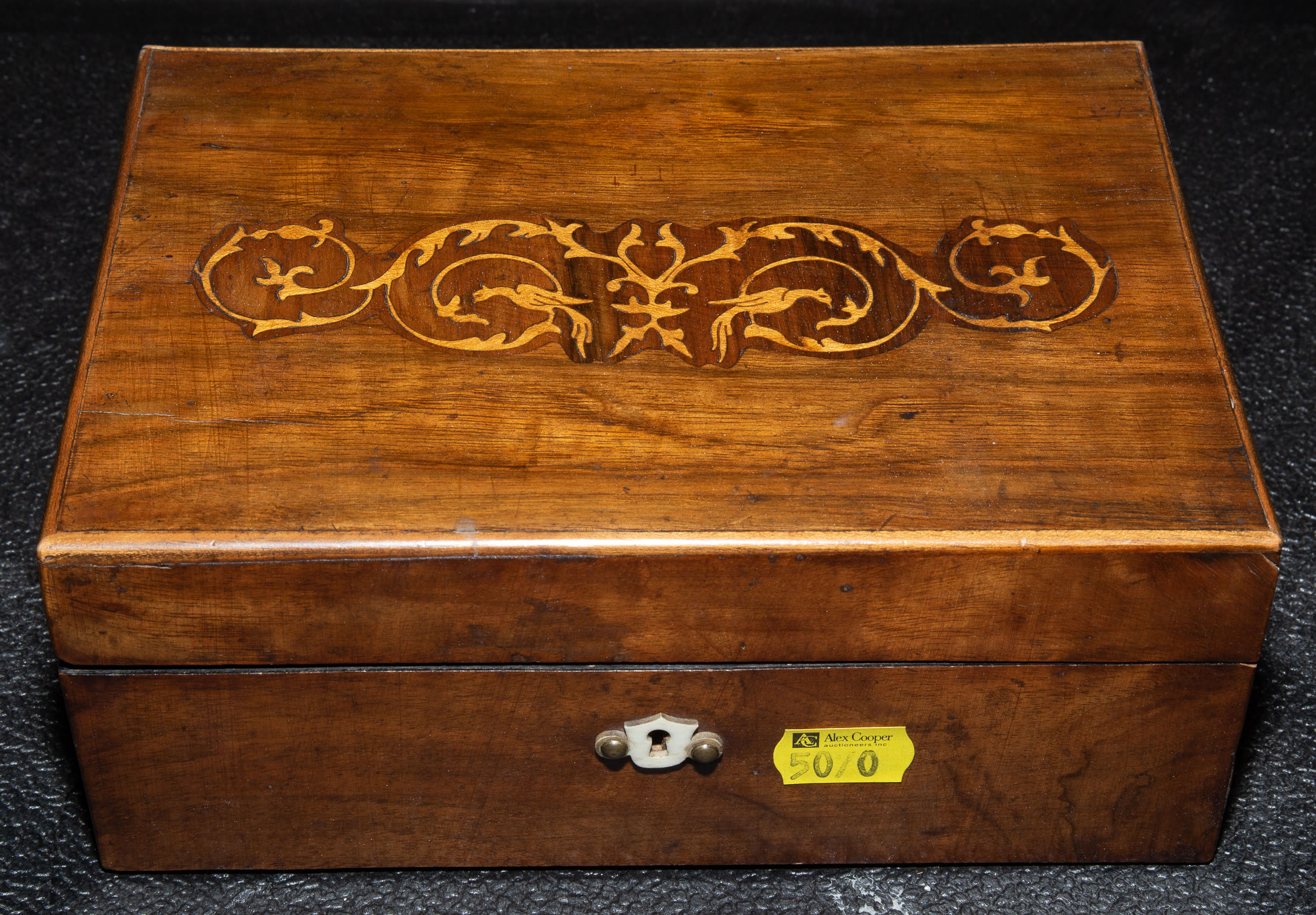 Appraisal: ANTIQUE WOOD LETTER BOX WITH INLAID TOP rd quarter- th