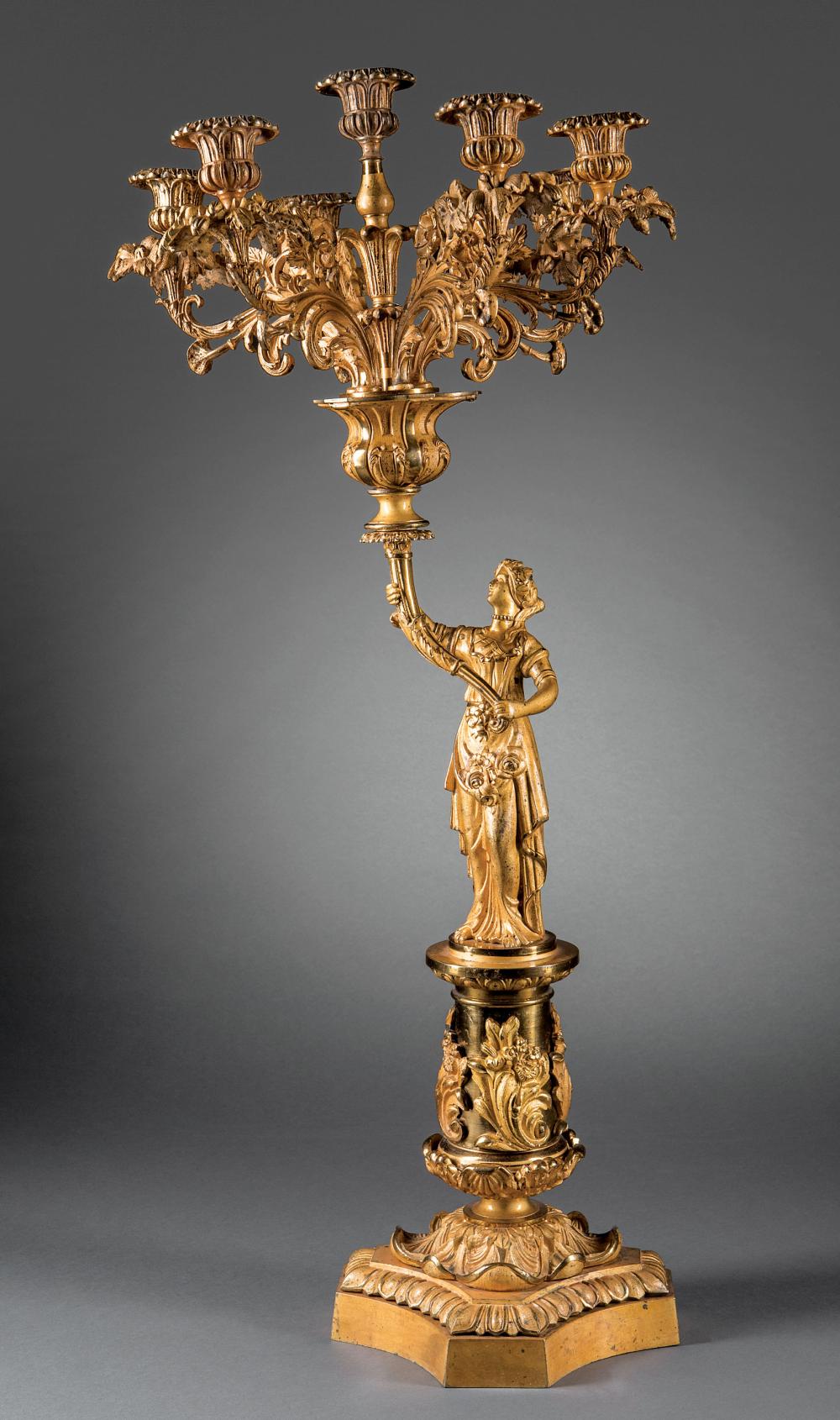 Appraisal: Fine American Gilt Bronze Seven-Light Figural Candelabrum mid- th c