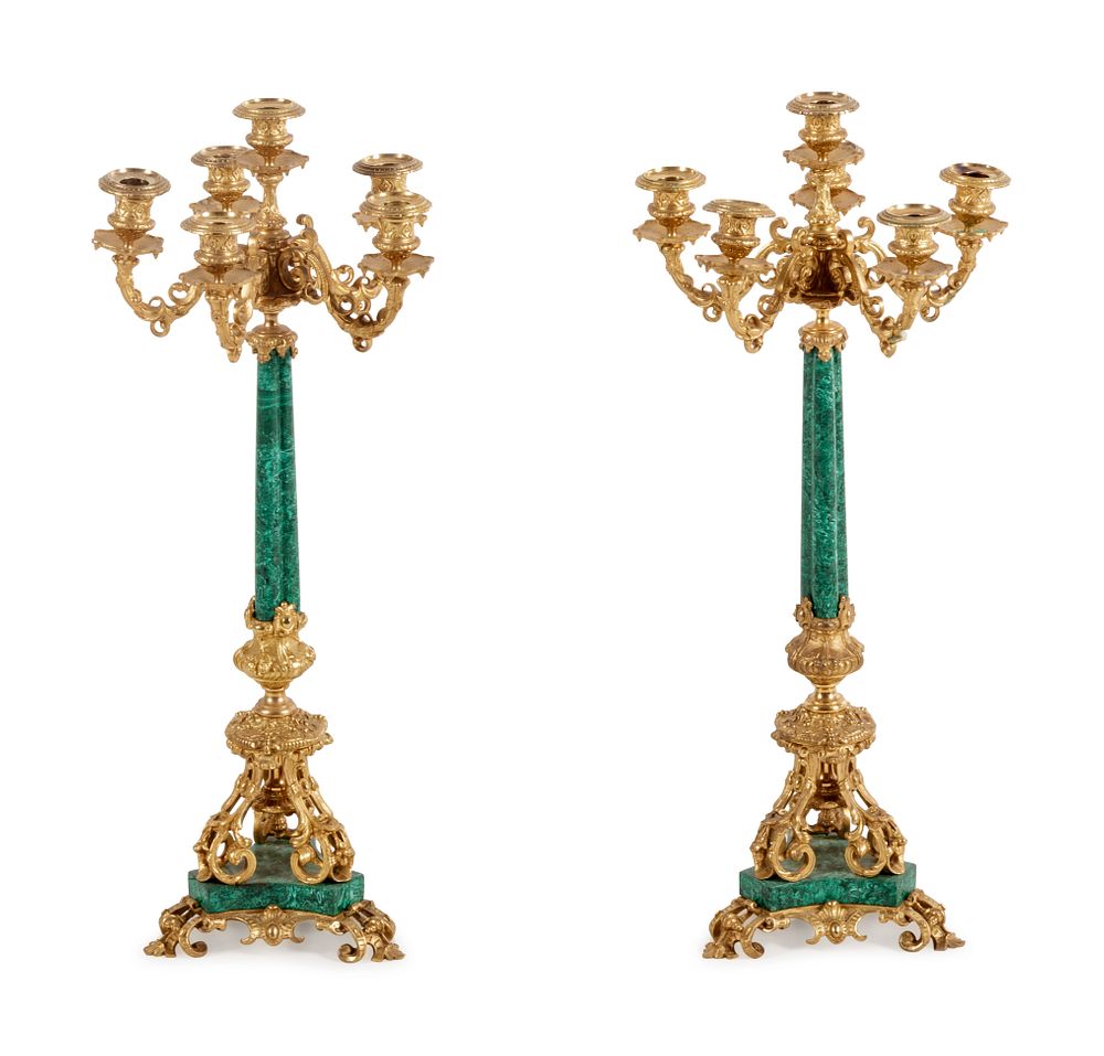 Appraisal: A Pair of French Gilt Bronze and Malachite Six-Light Candelabra