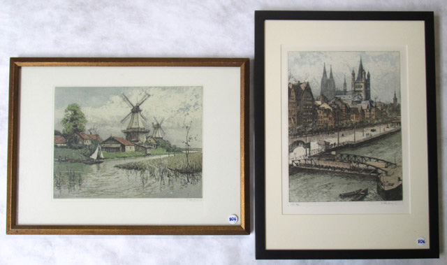 Appraisal: JOSEF EIDENBERGER TWO COLOR ETCHINGS Austria - Cologne Promenade and