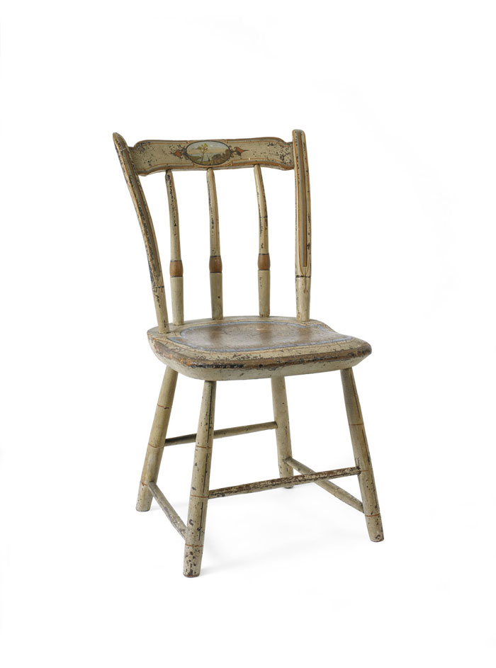 Appraisal: MAINE CHILD'S FANCY PAINTED AND DECORATED PLANK SEAT SIDE CHAIR