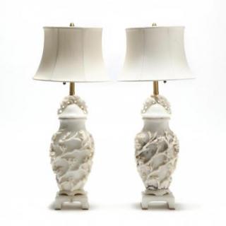 Appraisal: Pair of Carved Marble Urn Form Table Lamps th century