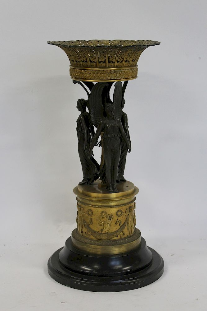 Appraisal: CHIBOUT Empire Patinated and Gilt Bronze Figural Tazza Great quality