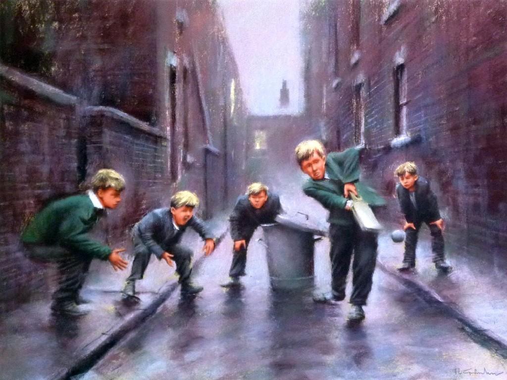 Appraisal: MARC GRIMSHAW b PASTEL DRAWINGChildren playing cricket in a back