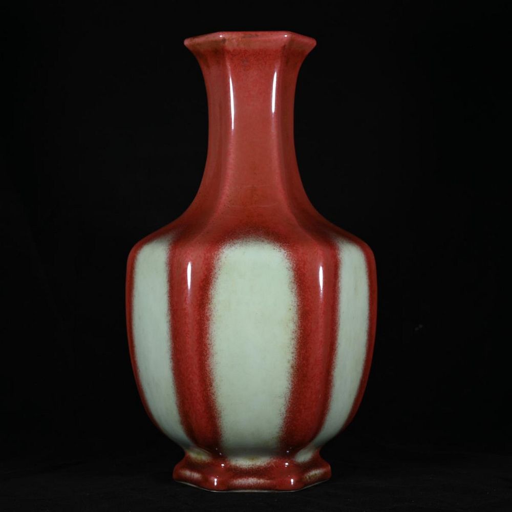 Appraisal: CHINESE BLUE OXBLOOD FLAMBE GLAZED HEX VASE Chinese turquoise blue