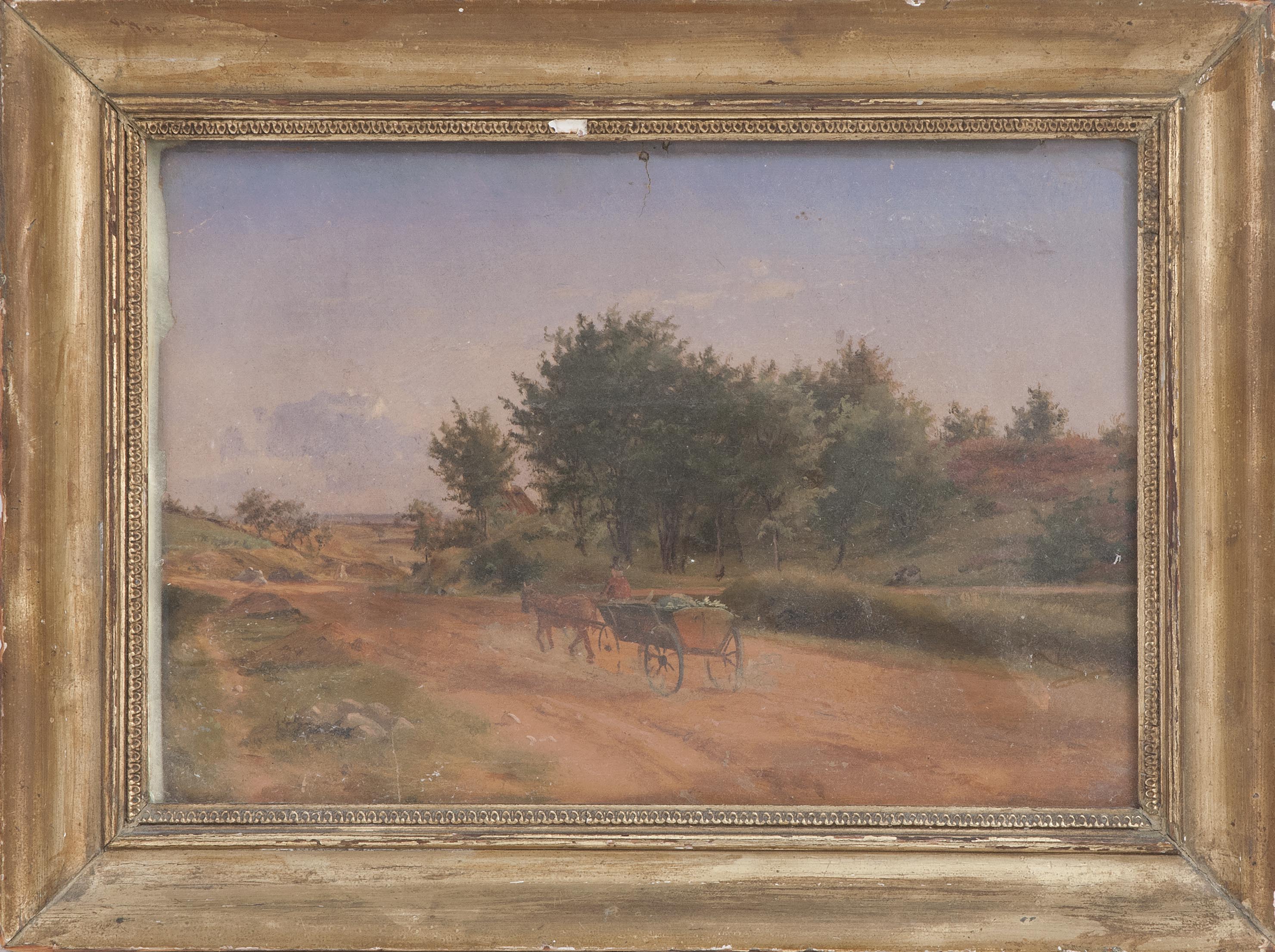 Appraisal: FRAMED PAINTING OF A HORSE AND WAGON ON A COUNTRY