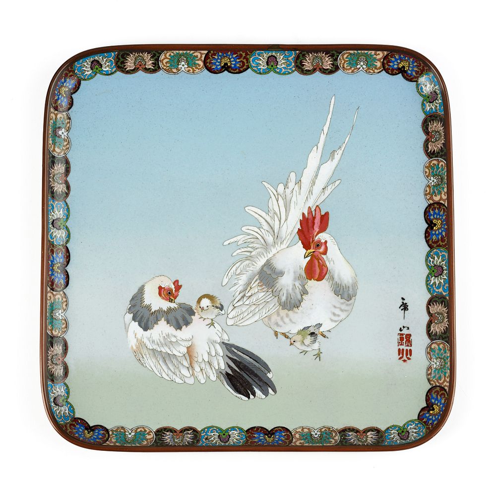 Appraisal: Japanese Meiji Chicken Cloisonne Enamel Tray In the manner of