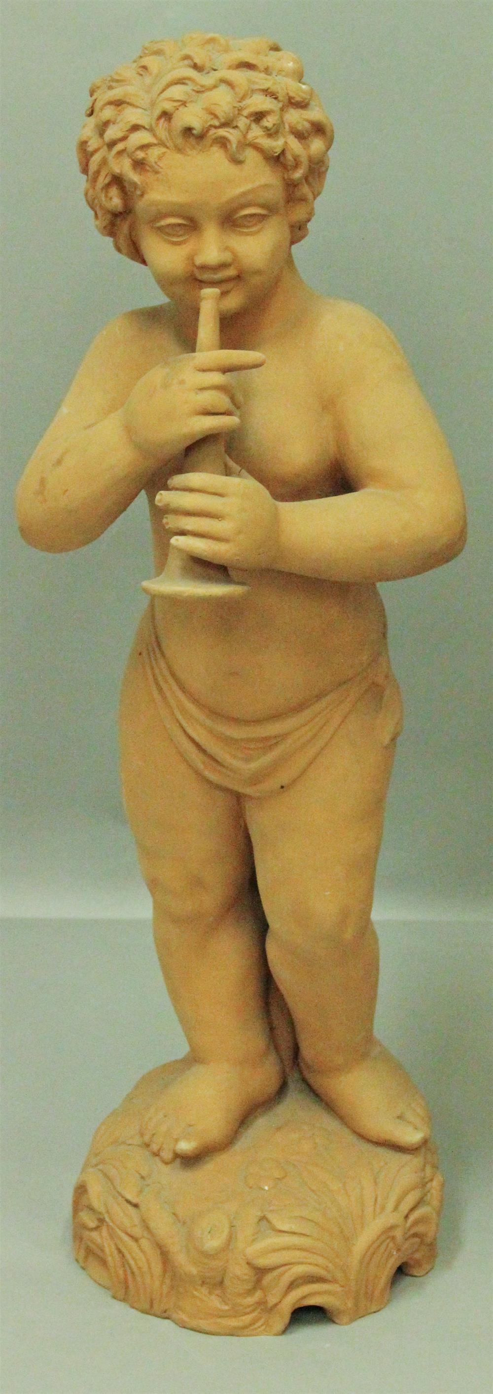 Appraisal: CHERUB FORMED TERRACOTTA GARDEN STATUE unglazed figure of a cherub