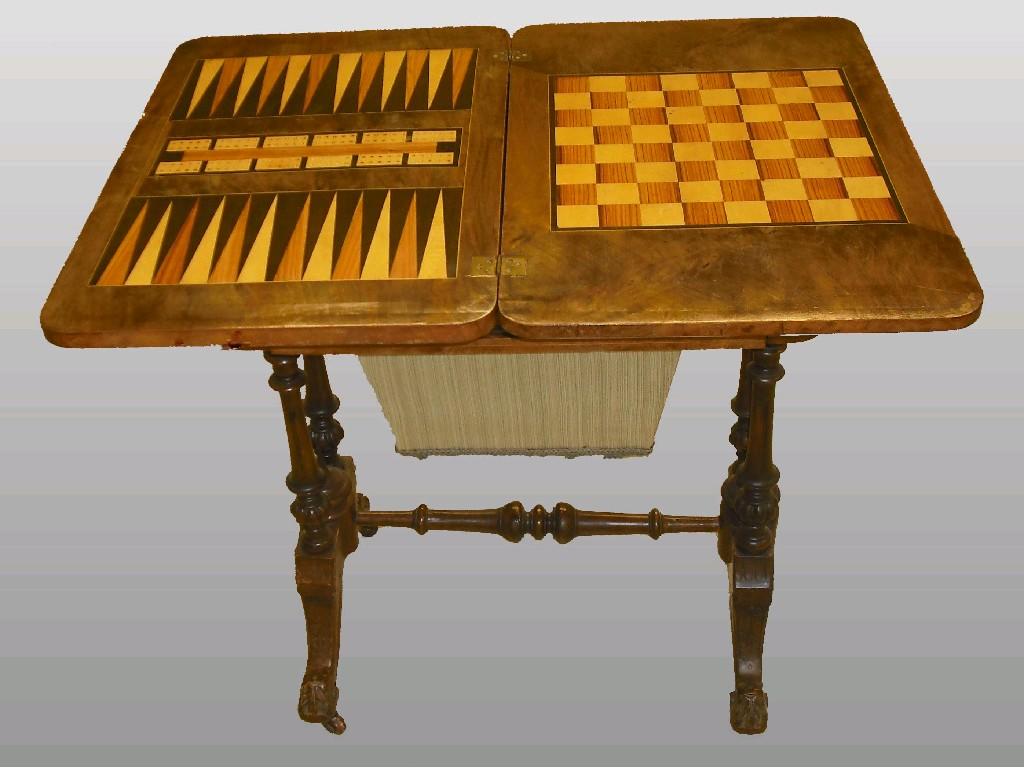 Appraisal: Fine Victorian burr walnut games work table the crossbanded hinged