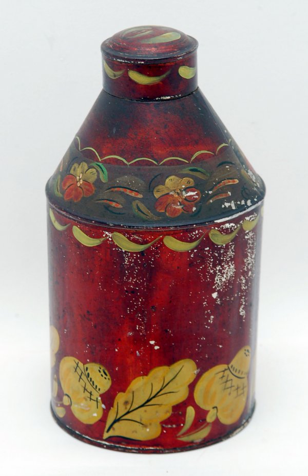 Appraisal: Tole tin tea caddy with paint decorated exterior in mustard