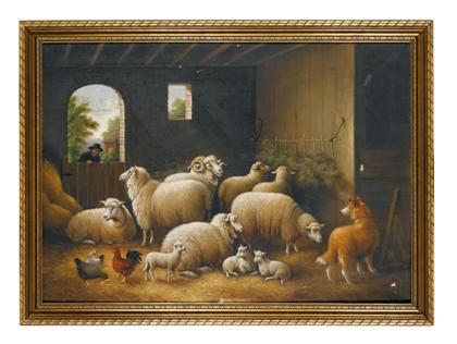 Appraisal: Susan C Waters - flock of sheep in stable with