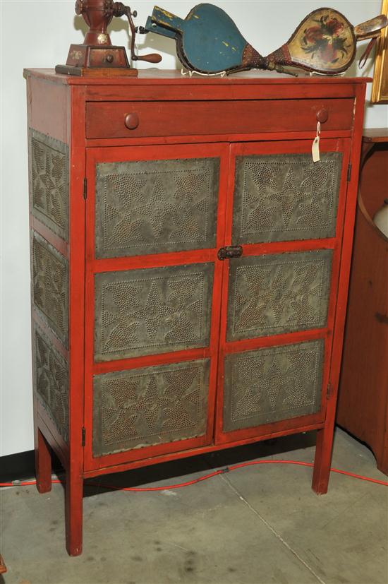 Appraisal: PIE SAFE Red painted pie safe having geometric and floral