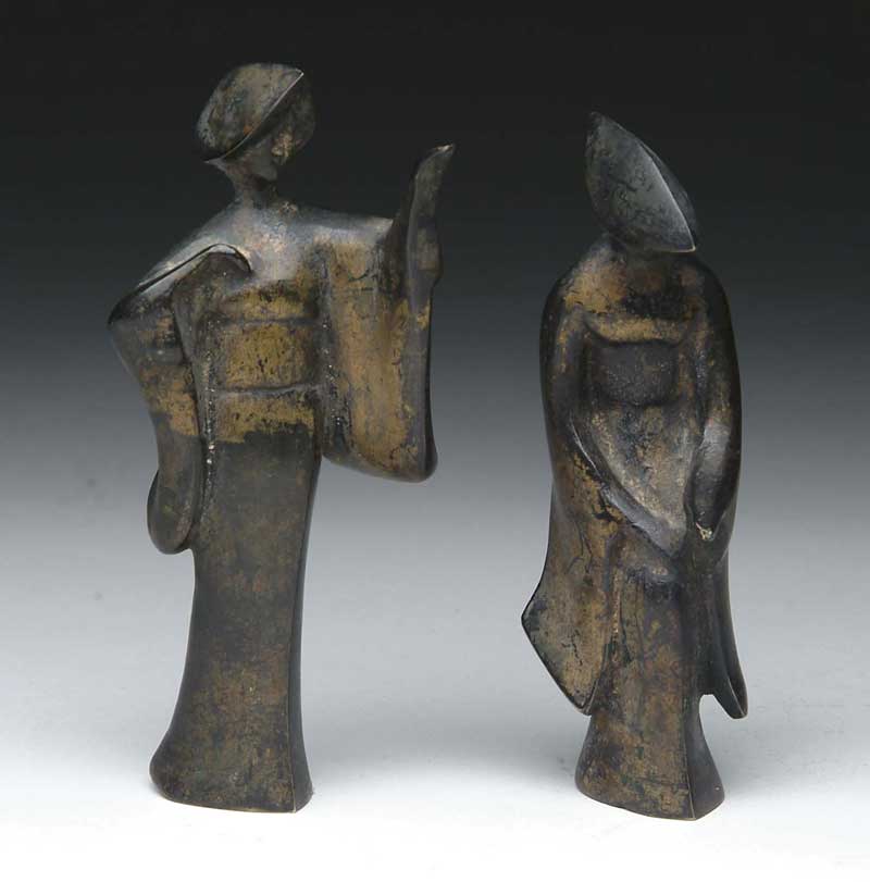 Appraisal: PAIR OF ANTIQUE JAPANESE BRONZE GILT FIGURES OF GEISHA GIRLS