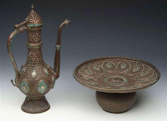 Appraisal: AN INDIAN ISLAMIC METAL EWER AND BASIN with hinged lids