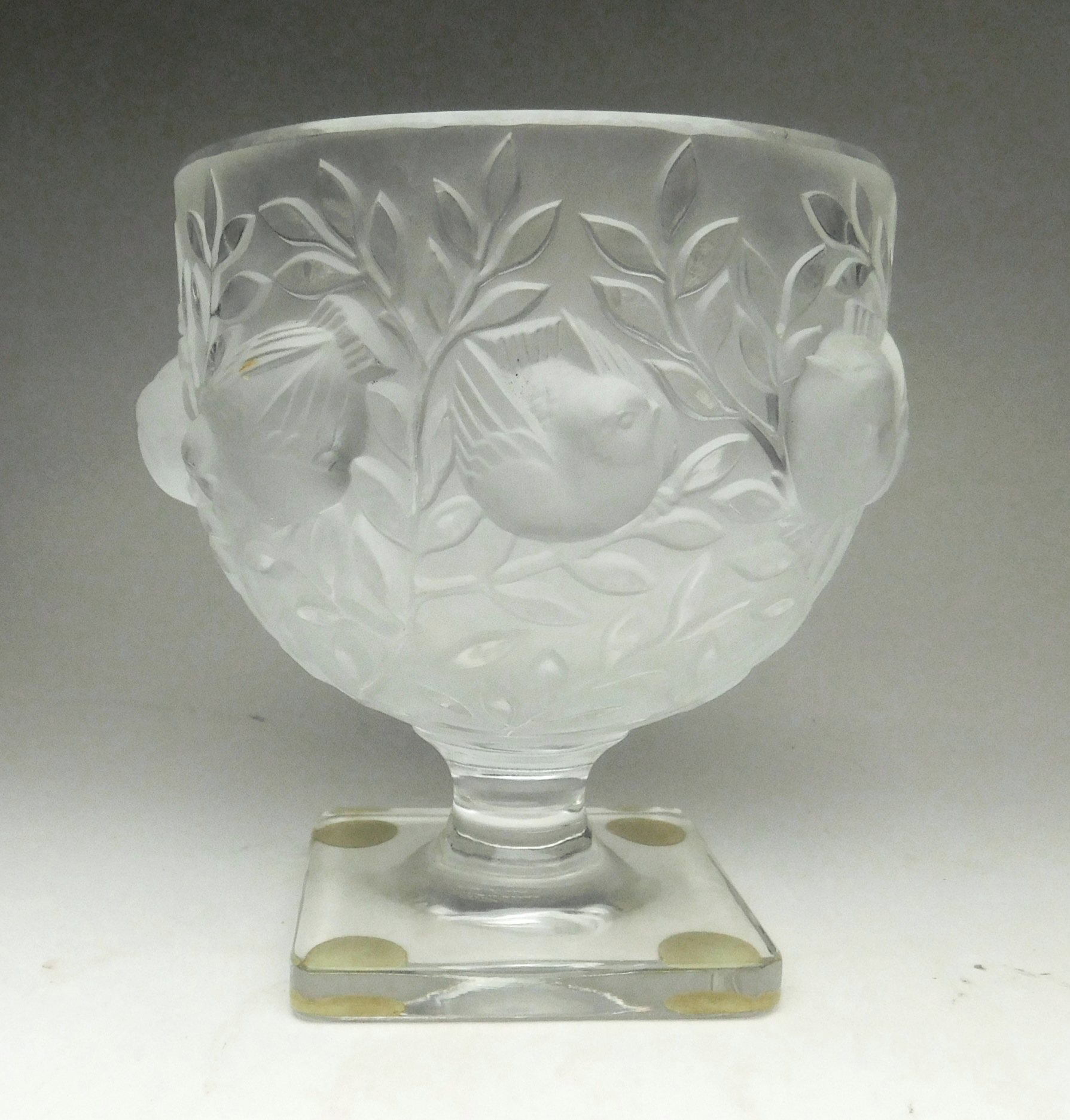 Appraisal: Lalique frosted glass footed bowl the body having bird in