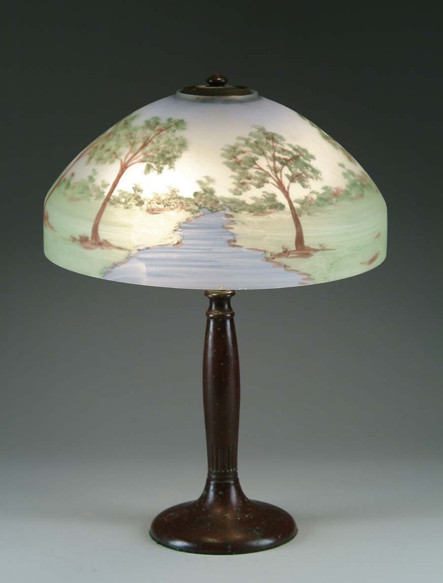 Appraisal: REVERSE PAINTED LAMP Nice reverse painted table lamp has trees