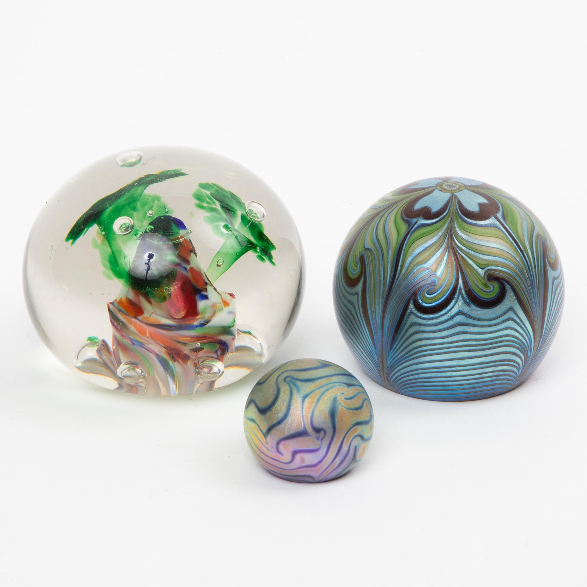 Appraisal: THREE PAPERWEIGHTS INCLUDING ORIENT FLUME A Orient Flume feathered iridescent