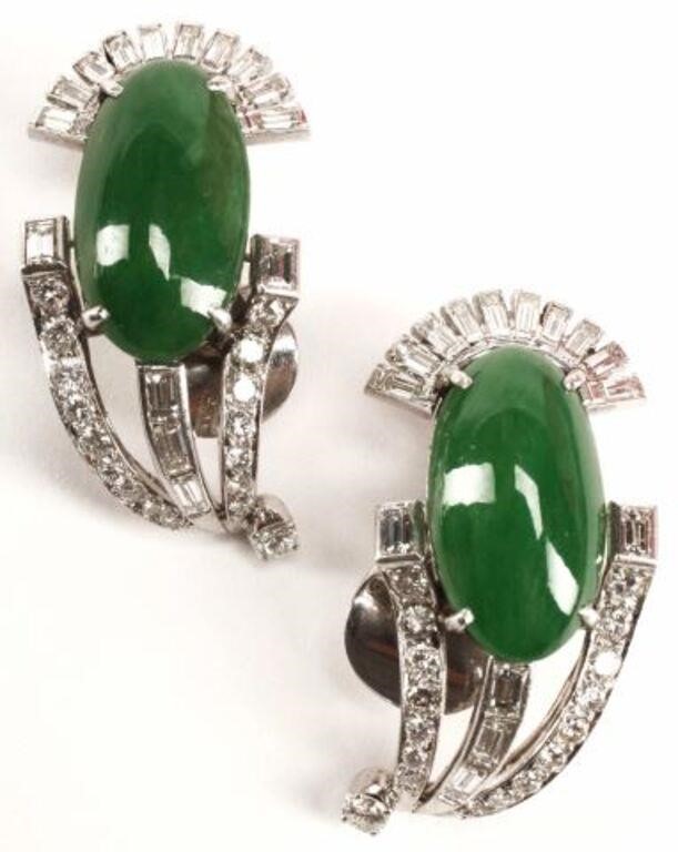 Appraisal: pair Estate platinum earrings each with an oval jadeite jade