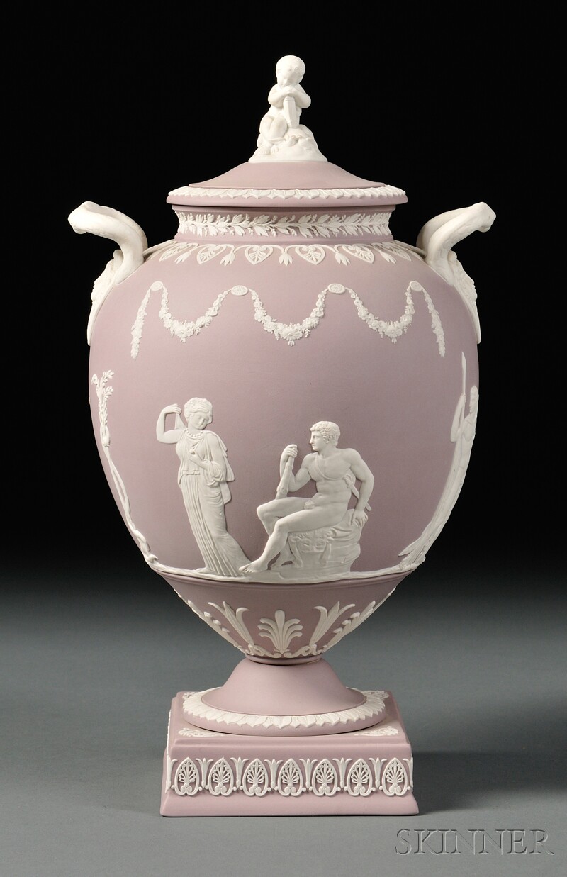 Appraisal: Wedgwood Solid Lilac Jasper Vase and Cover England applied white