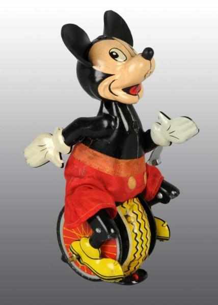 Appraisal: Tin Linemar Disney Mickey Unicycle Wind-Up Toy Description Japanese Working