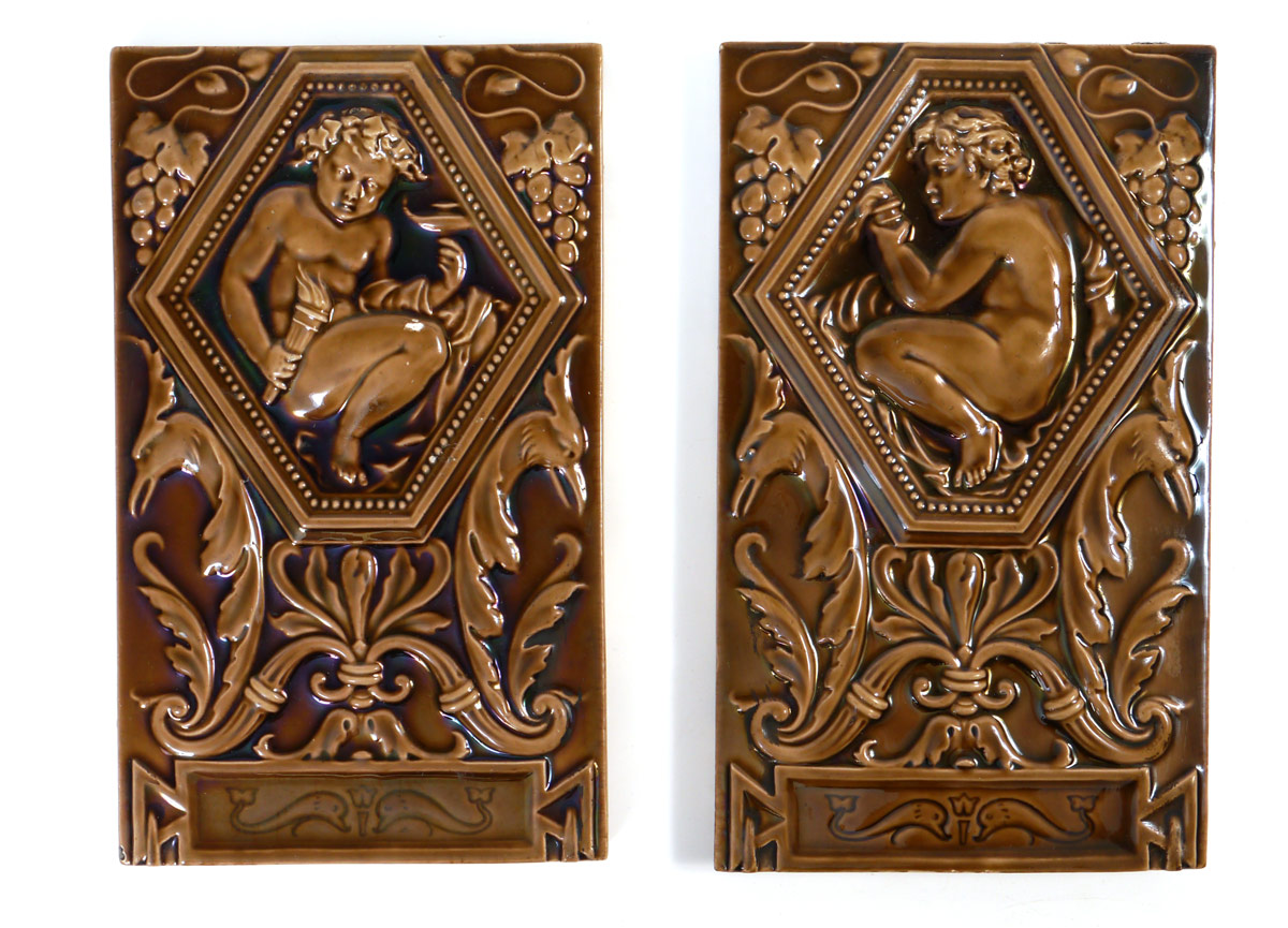 Appraisal: PUTTI MINTON EARTHENWARE TILES Similar but not identical featuring putti