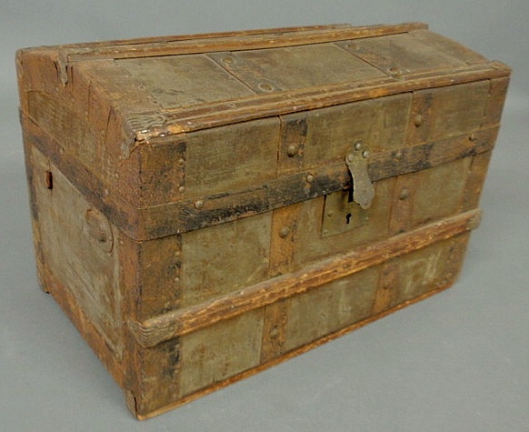 Appraisal: Victorian oak iron-bound dolls trunk with original papered interior and