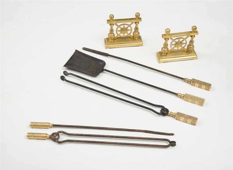 Appraisal: FIVE ENGLISH AESTHETIC MOVEMENT BRASS AND STEEL FIRE PLACE TOOLS